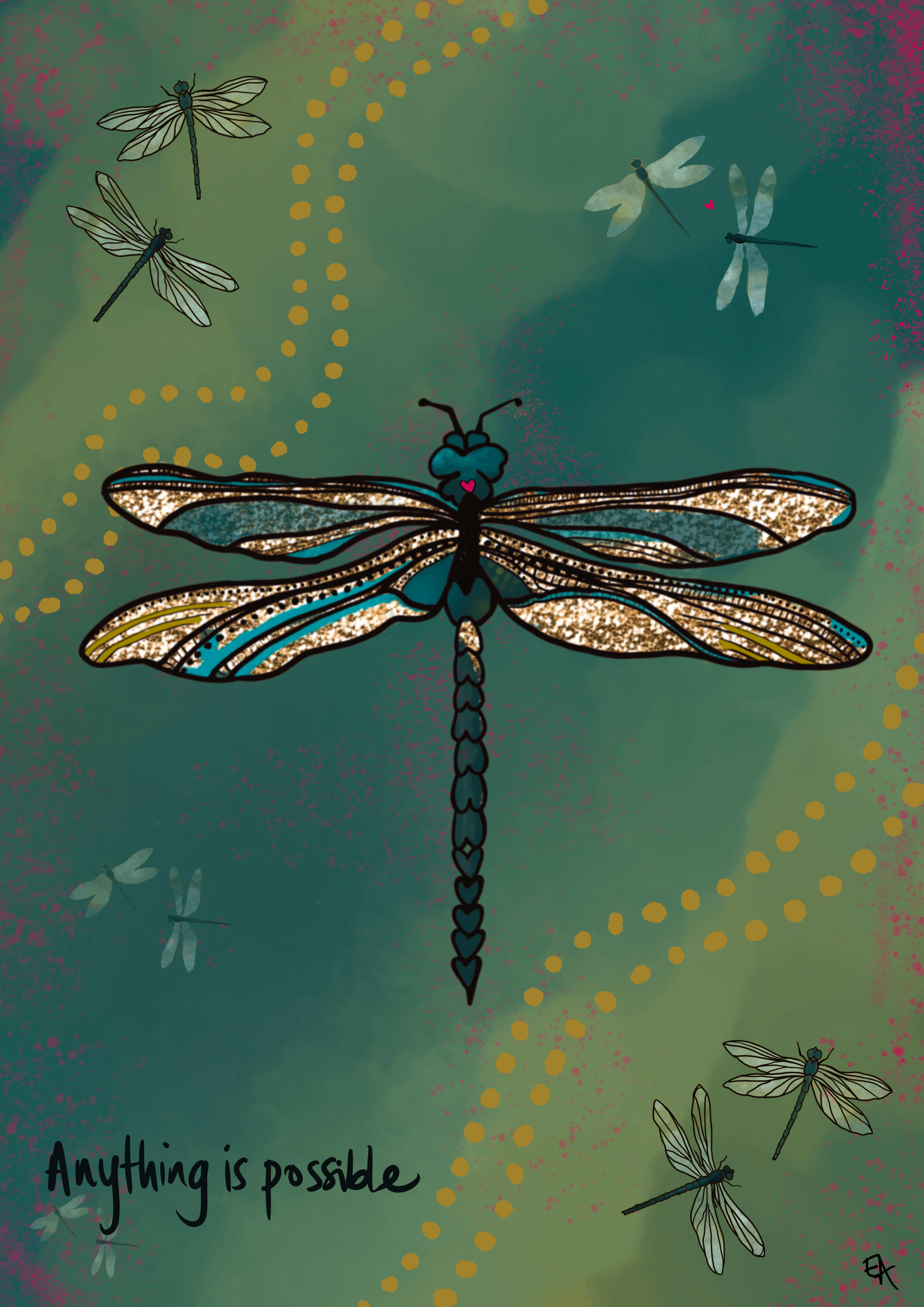 Colorful illustration of a dragonfly with 'Anything is possible' text on a gradient background.