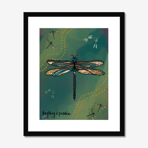 Framed artwork of a dragonfly with 'Anything is possible' text on a teal background