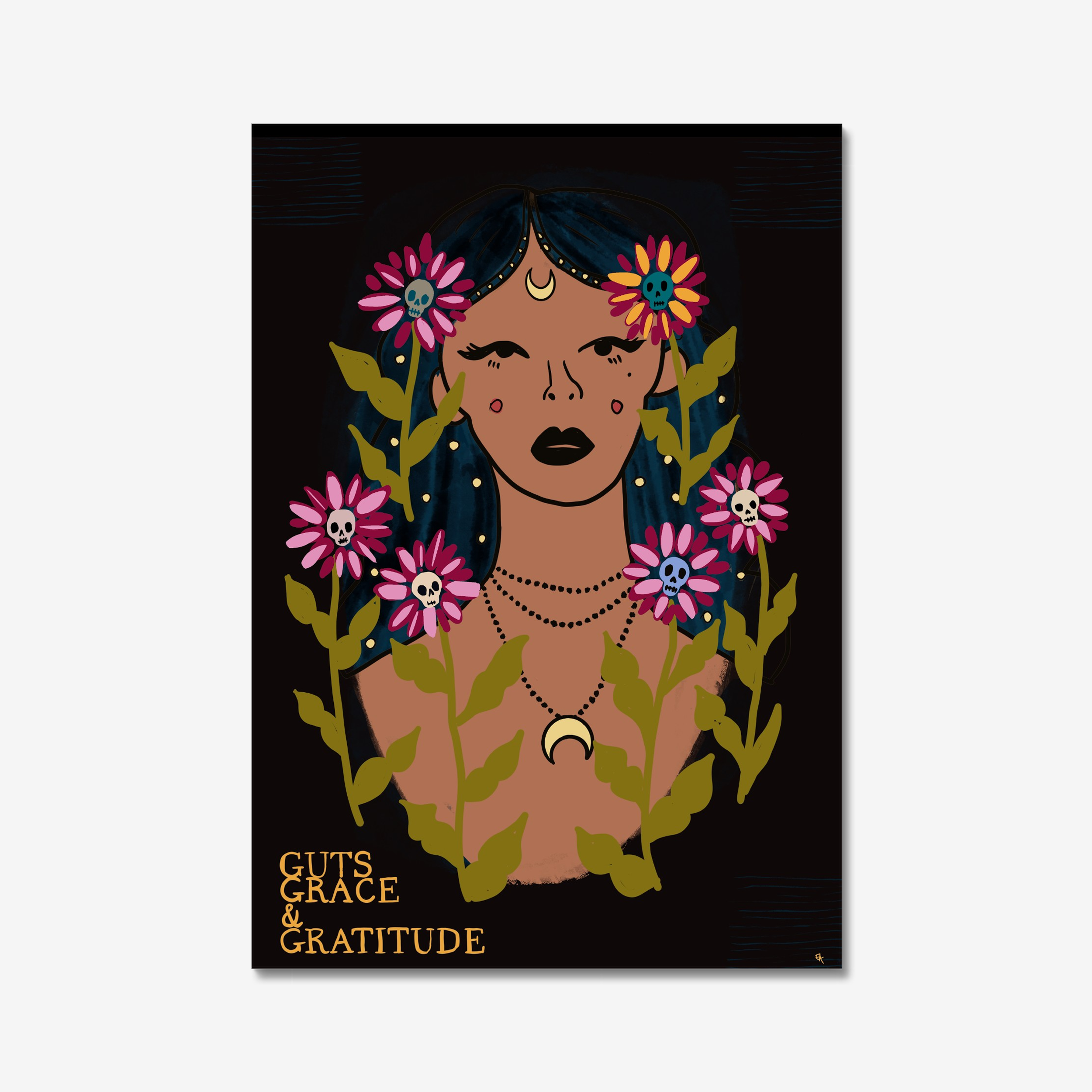 Artistic illustration of a woman with flowers and leaves with skulls in them on a black background, featuring the text 'Guts, Grace & Gratitude'.