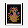 Framed artwork of a stylized woman with skull flowers and leaves, featuring text 'Guts, Grace & Gratitude' on a black background.