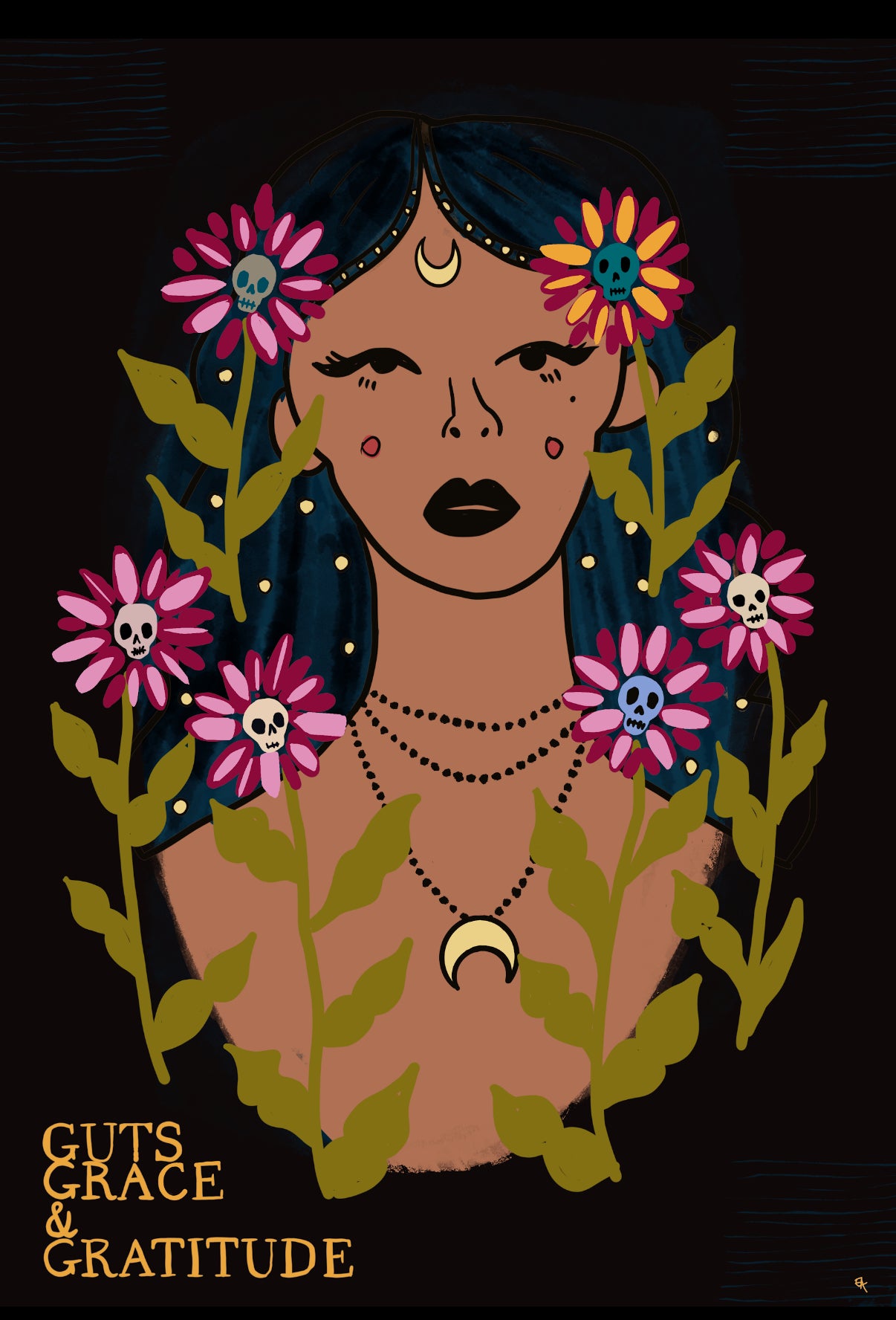 Illustration of a woman with flowers and necklaces on a black background with 'Guts, Grace & Gratitude' text. Feat moon and skulls