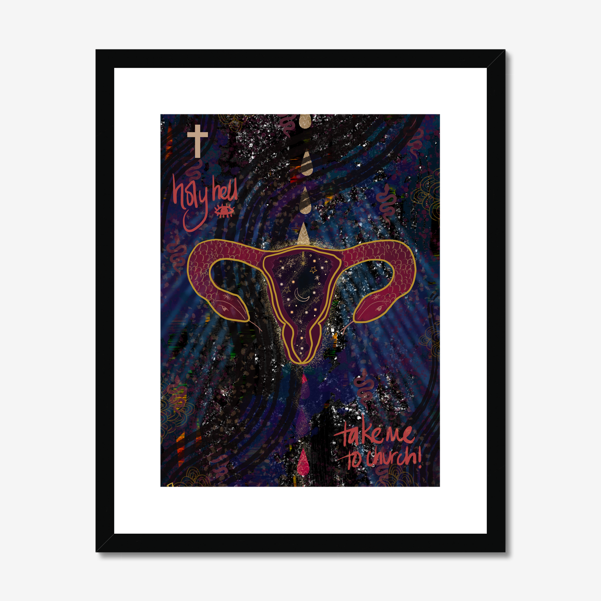 Framed artwork with a stylized depiction of a uterus on a colorful abstract background.