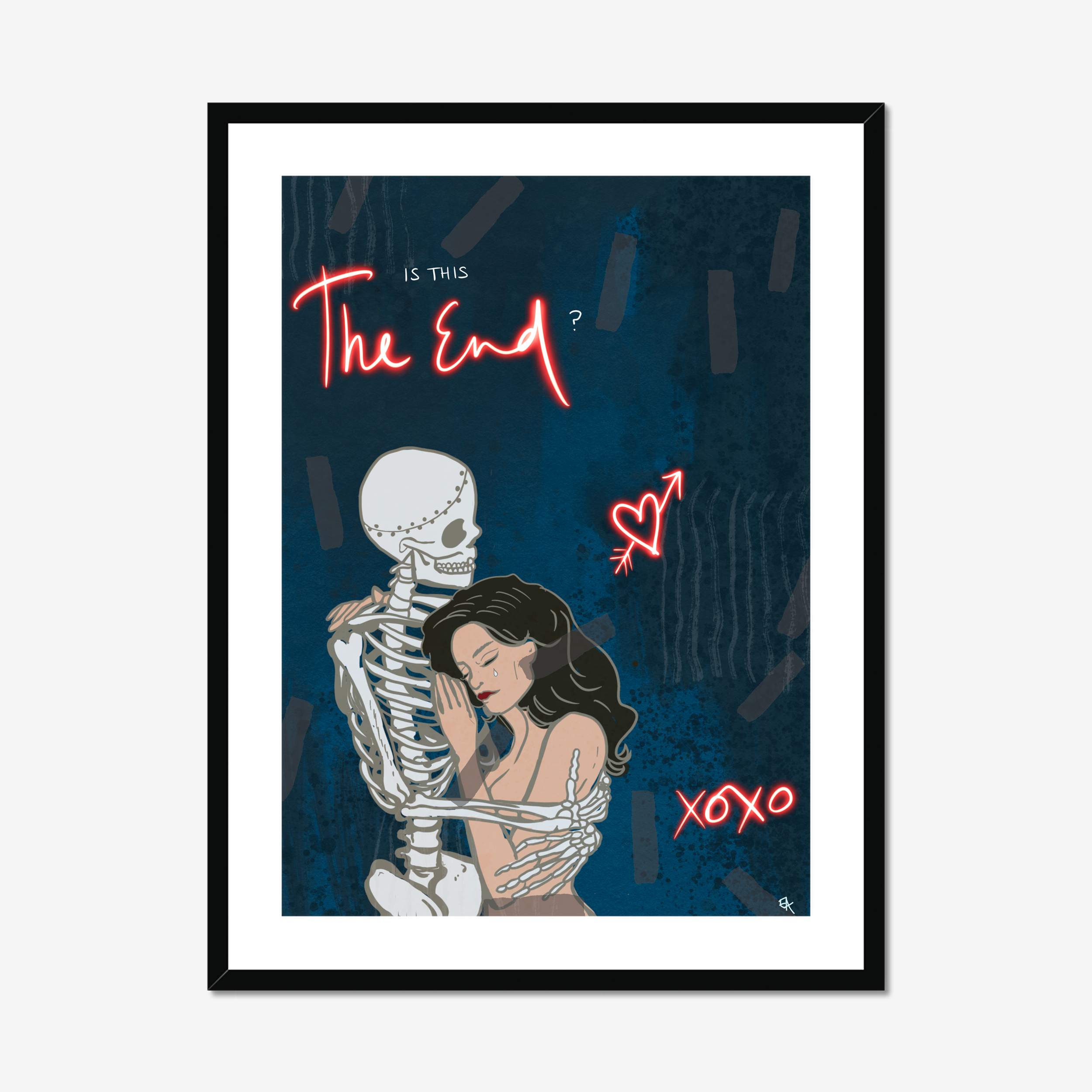 Framed artwork of a skeleton embracing a woman with text 'Is this the end?' and 'XOXO' on a dark background.