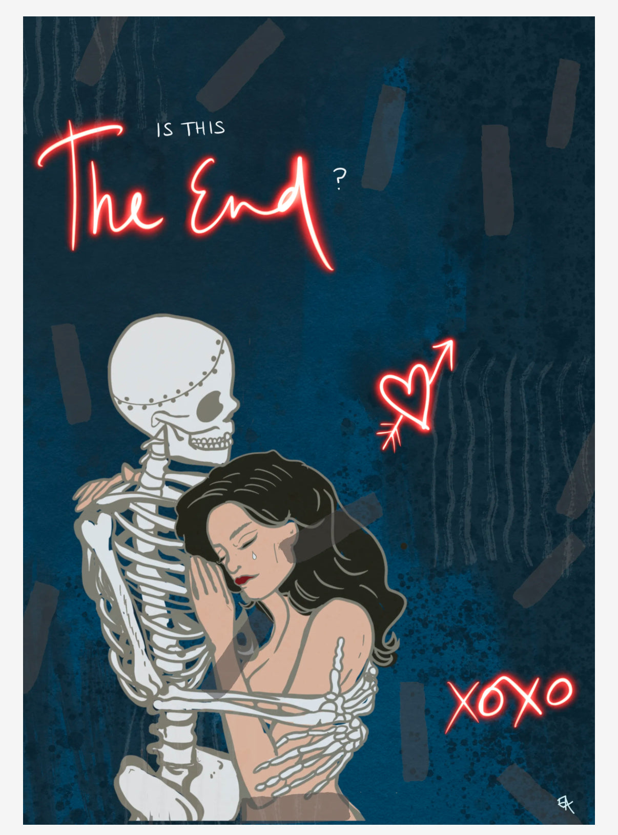 Giclee Print of a skeleton embracing a woman with text 'Is this the end?' and 'XOXO' on a dark background.