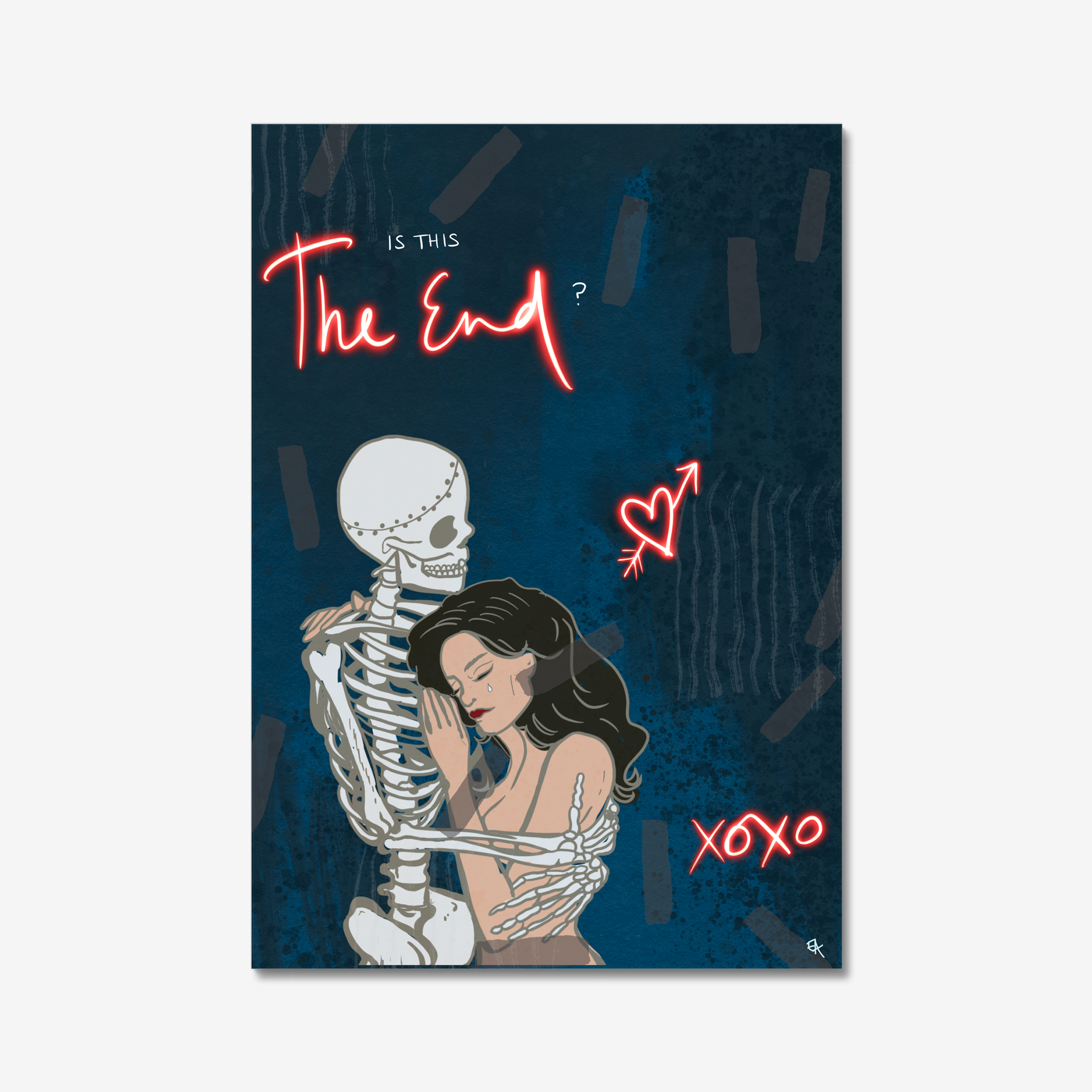 Illustration of a skeleton embracing a woman with text 'Is This The End?' and 'XOXO' on a dark background.