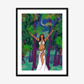 Framed artwork of a woman in a forest with a crescent moon.