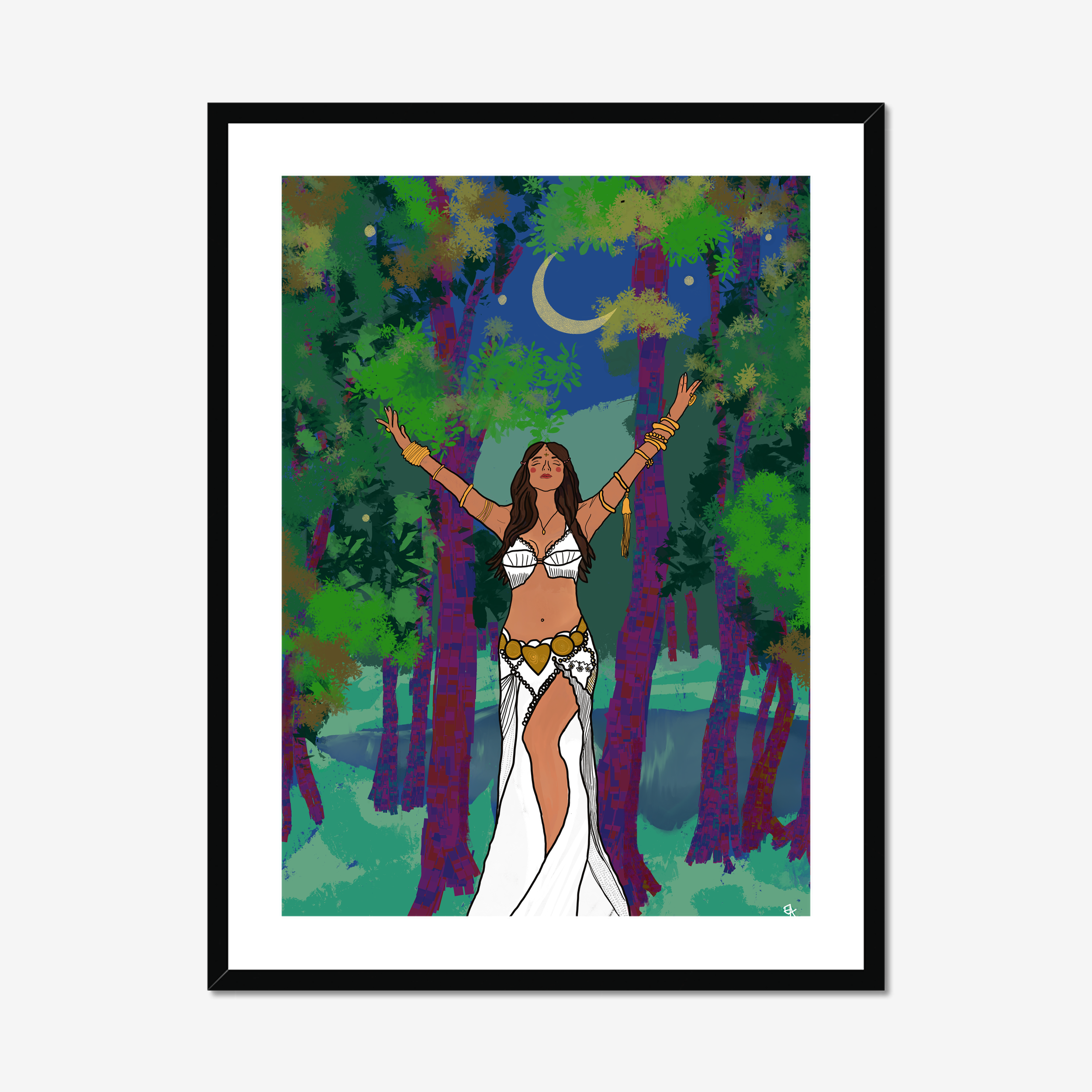 Framed artwork of a woman in a forest with a crescent moon.