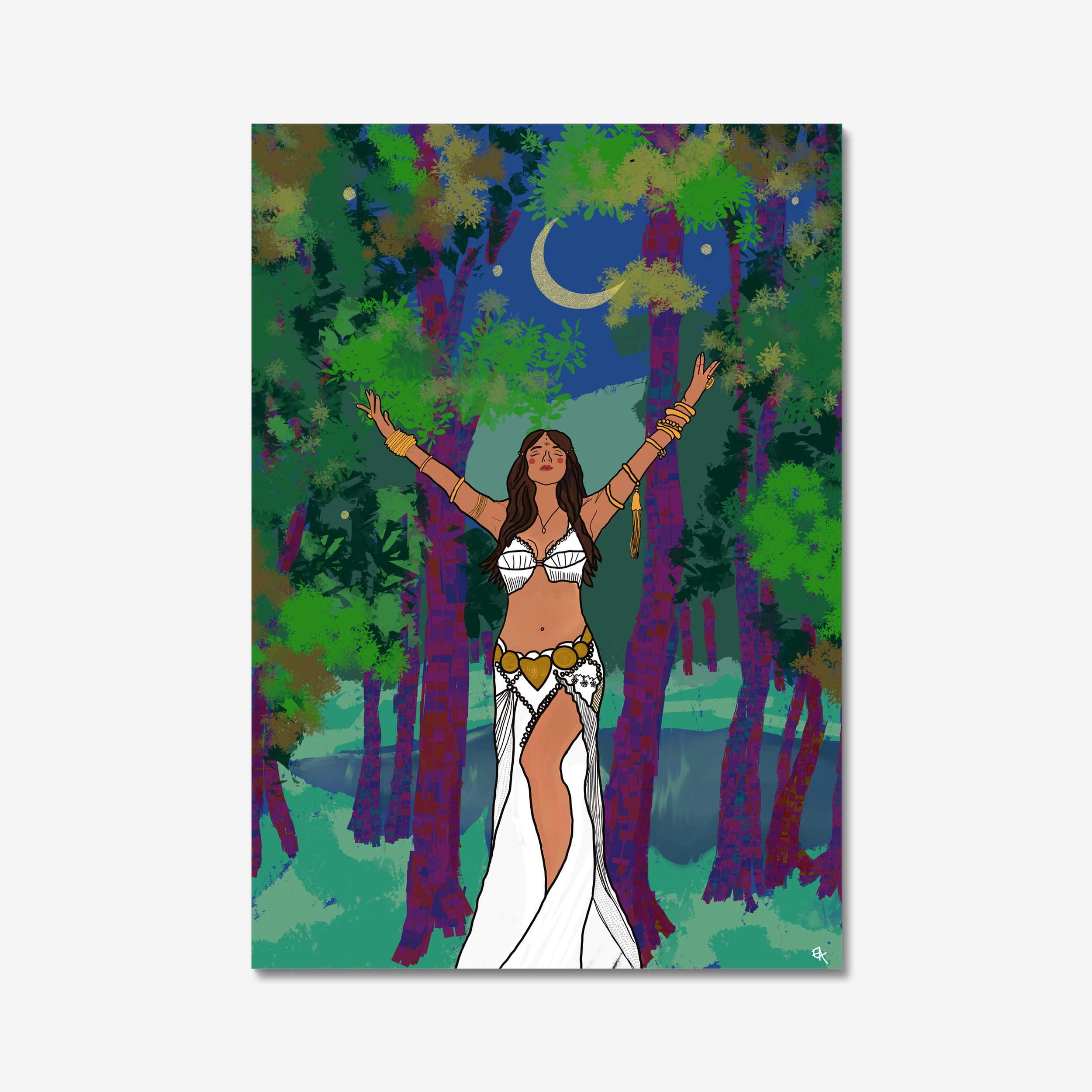 Giclee Print woman in white in a forest with a crescent moon 
