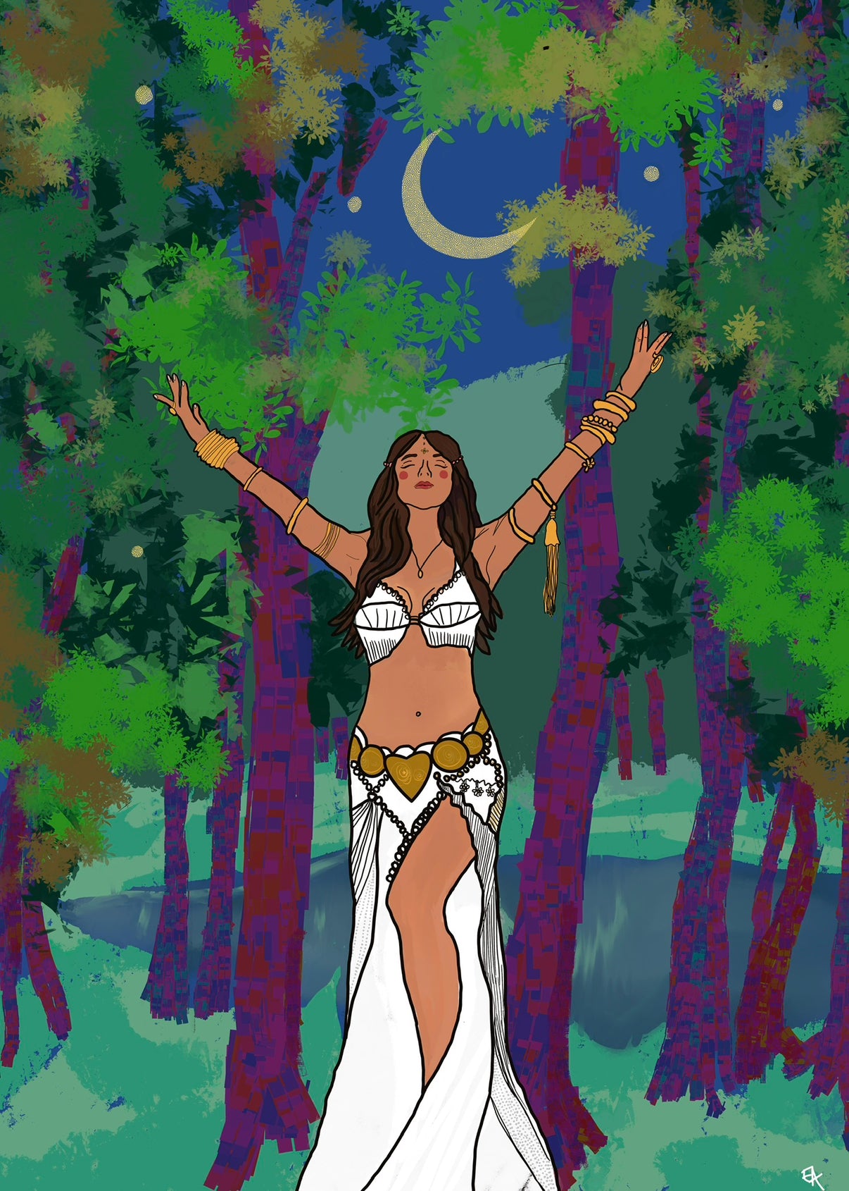 Woman in a forest with arms outstretched, surrounded by trees and a crescent moon.