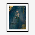 Framed artwork of a mermaid swimming underwater with a stylized sun and bubbles.