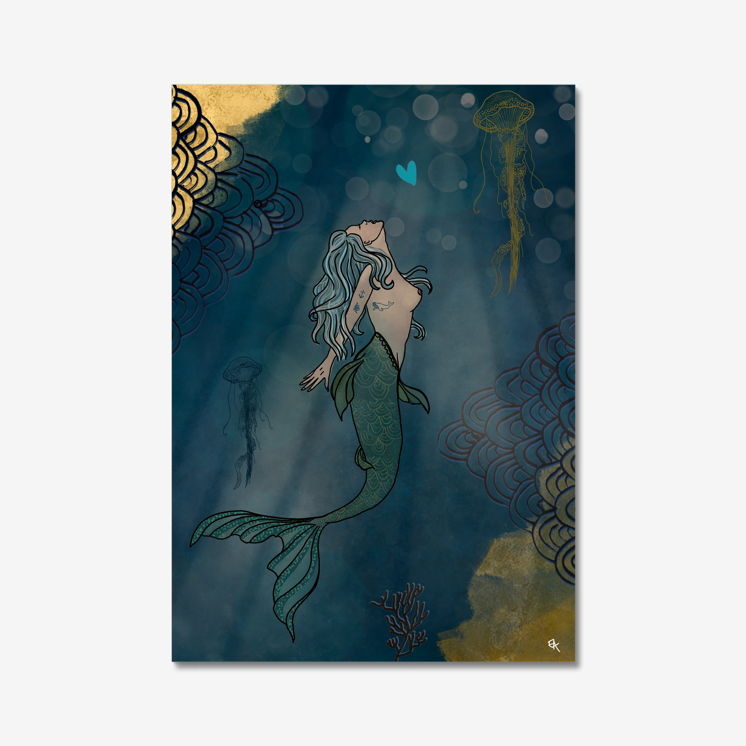 Mermaid illustration underwater with decorative elements on a blue background