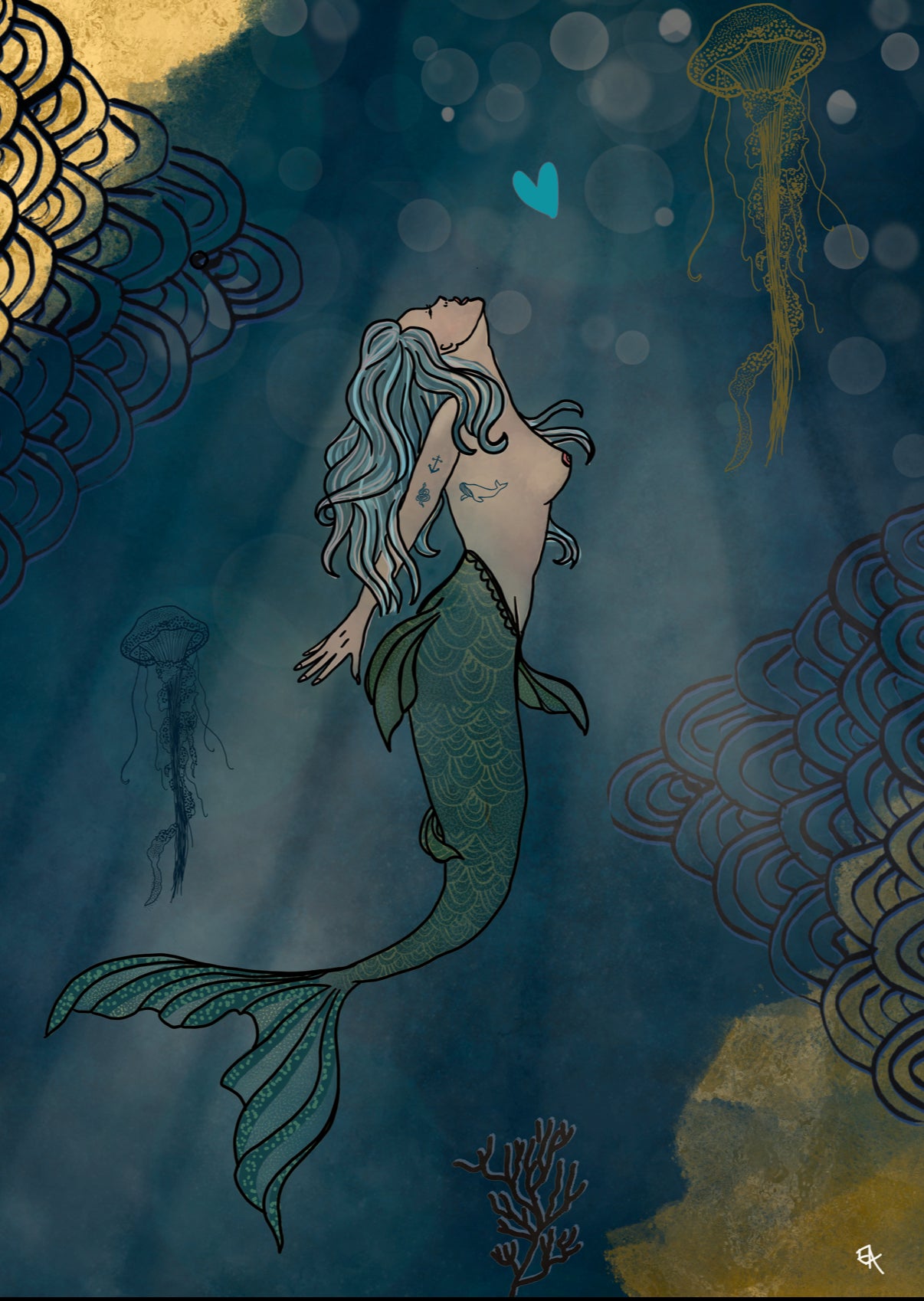 Mermaid swimming in an underwater scene with jellyfish and ocean plants.