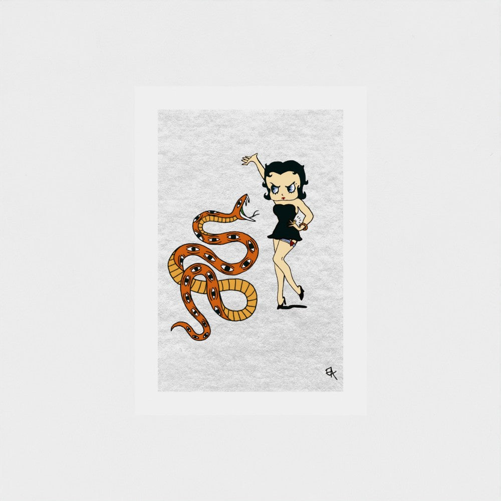Cartoon character with a snake on a white background