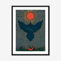 Framed artwork with a stylized bird, sun, and moon design on a dark background.