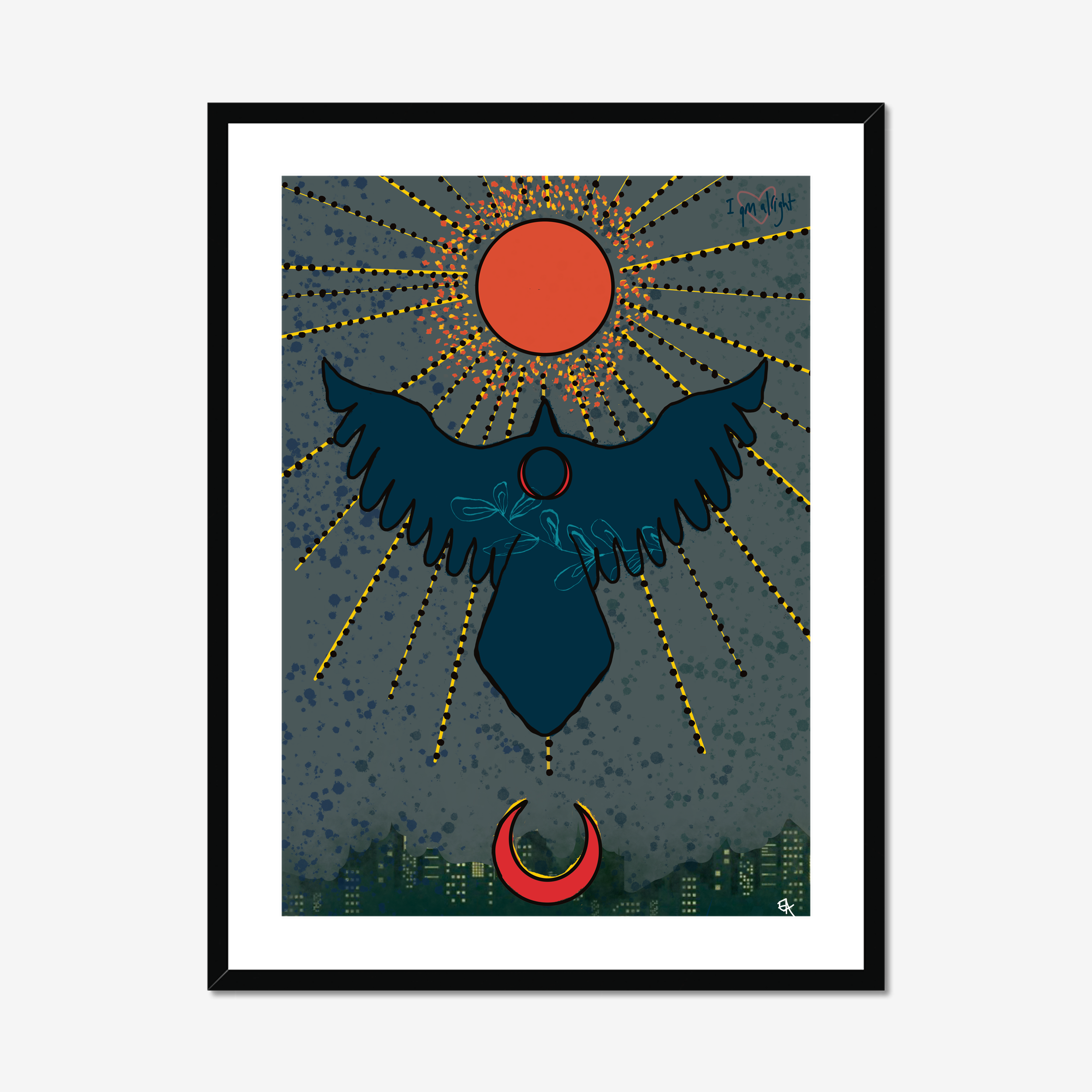 Framed artwork with a stylized bird, sun, and moon design on a dark background.