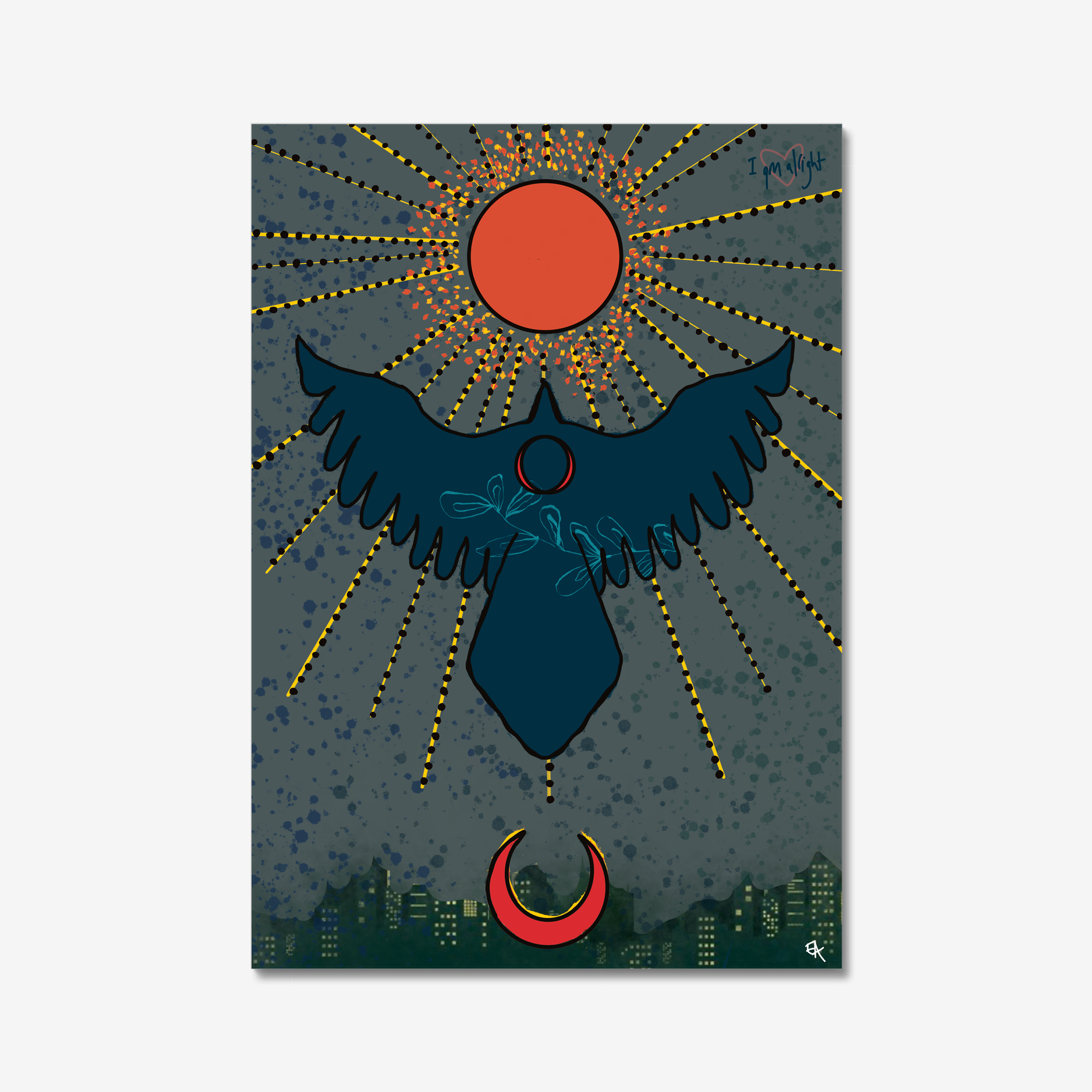 A stylised cityscape with a large bird, sun, and moon against a dark sky.