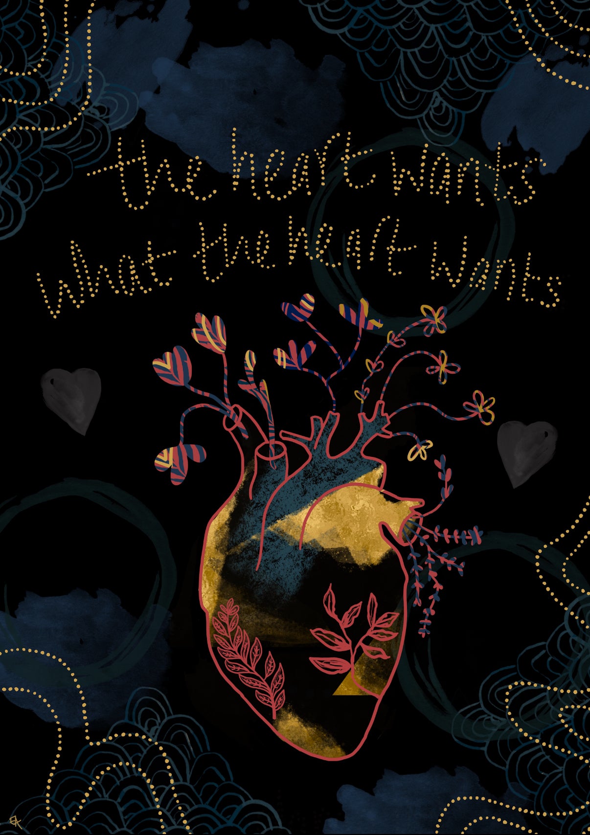 Decorative design with a heart and floral elements on a dark background with text.