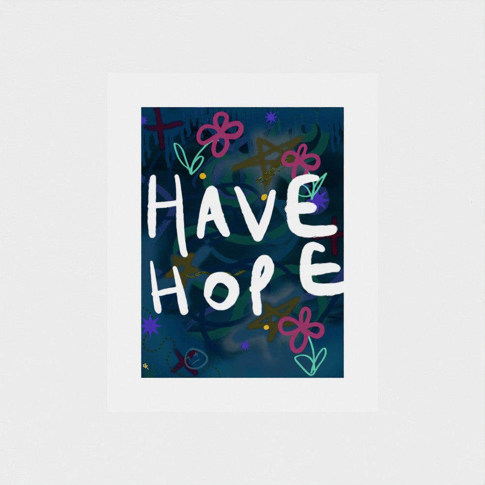 Motivational poster with 'HAVE HOPE' text on a dark blue background with abstract designs.