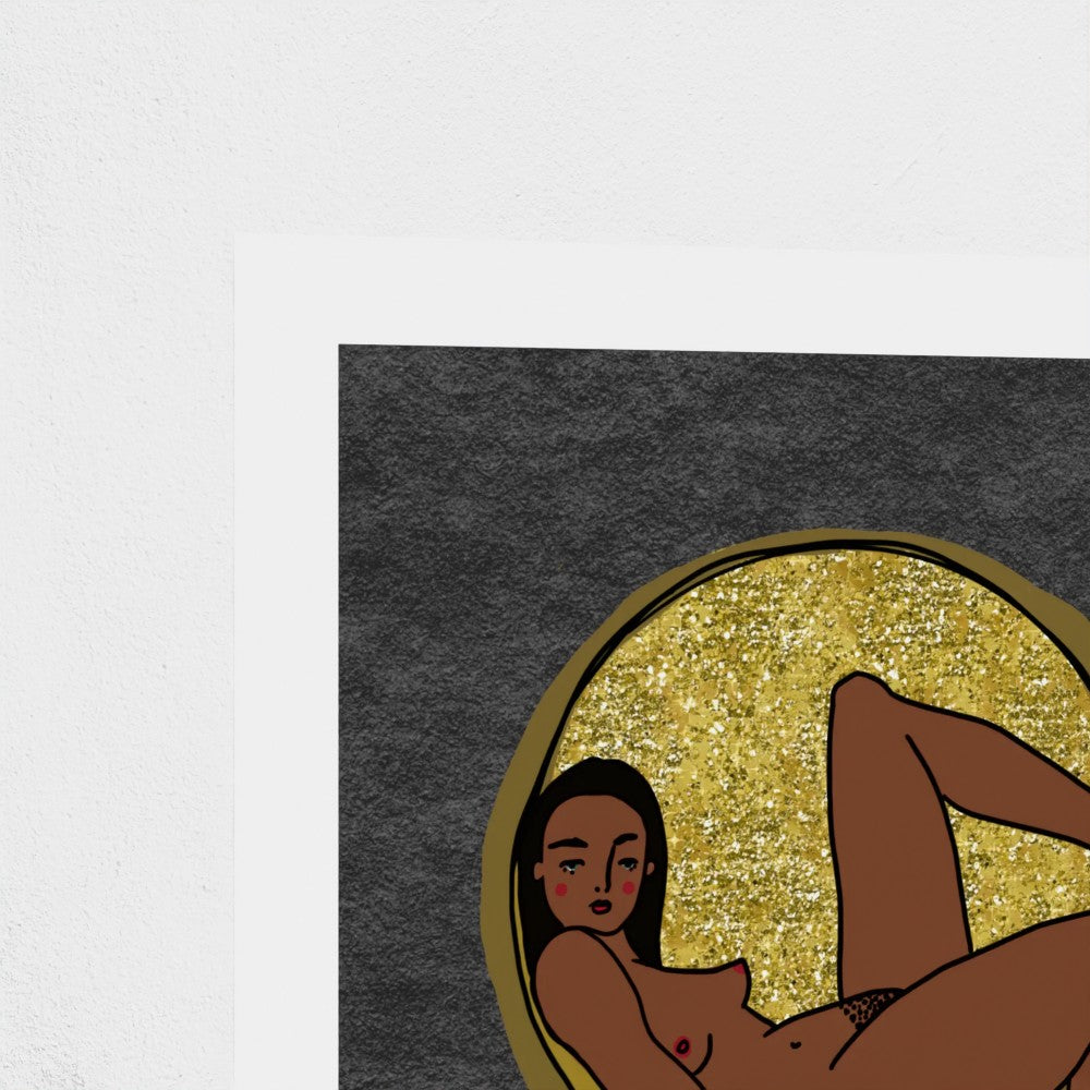 Illustration of a nude figure against a gold glittery circle moon on a dark gray background