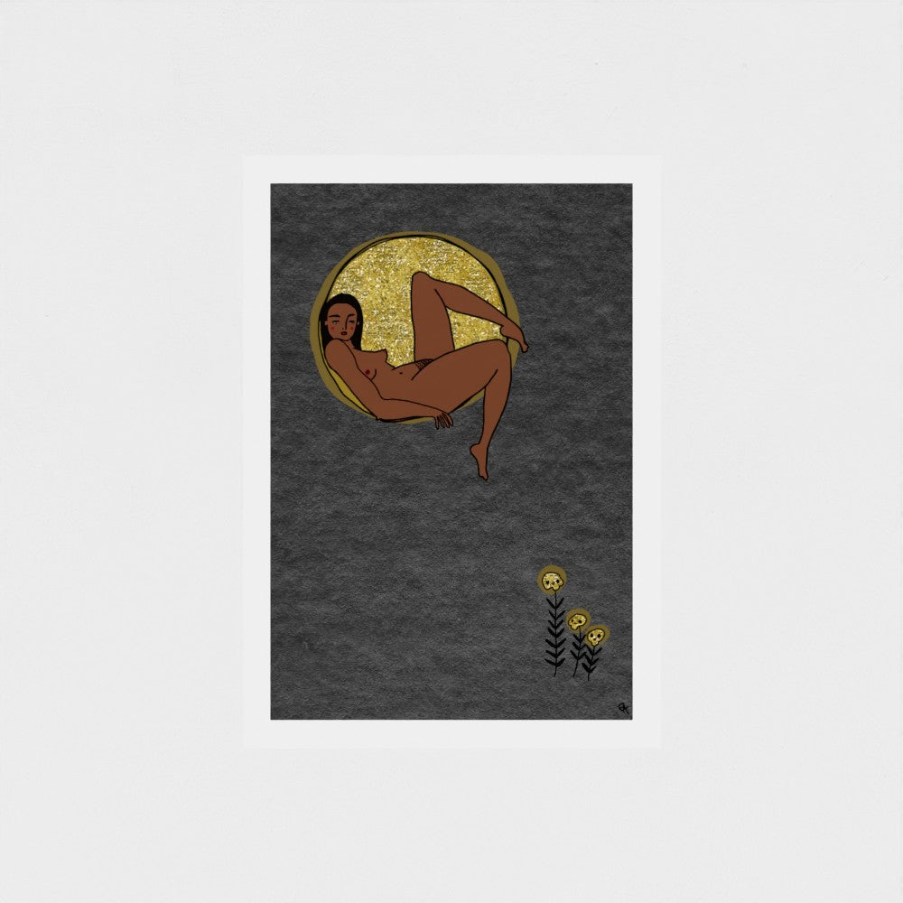 Illustration of a nude figure on a textured dark gray background with a moon and skull flowers.