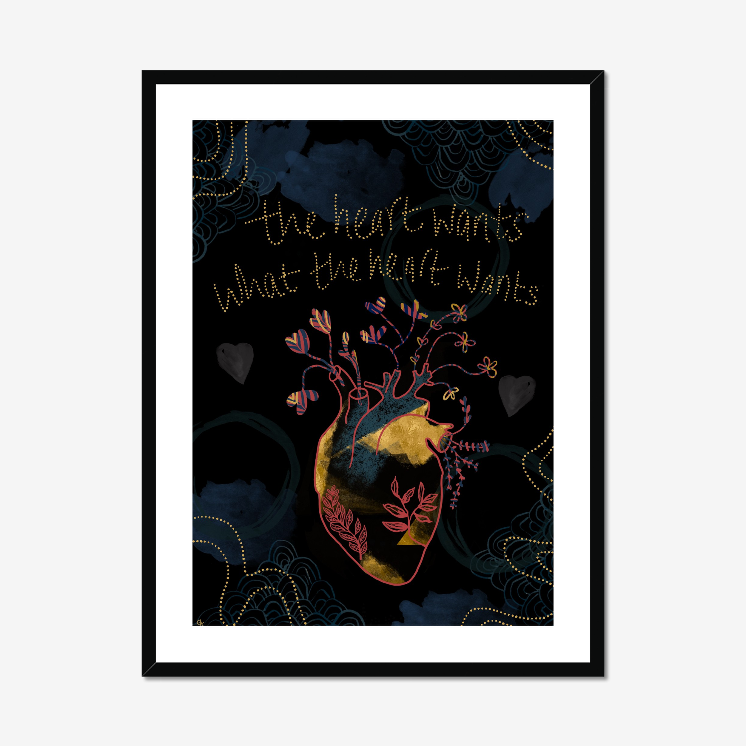 Framed artwork by Ebonie Allard with a stylised heart and floral elements on a dark background.