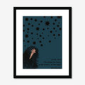 Framed artwork of a woman gazing at stars with a quote on a dark blue background.