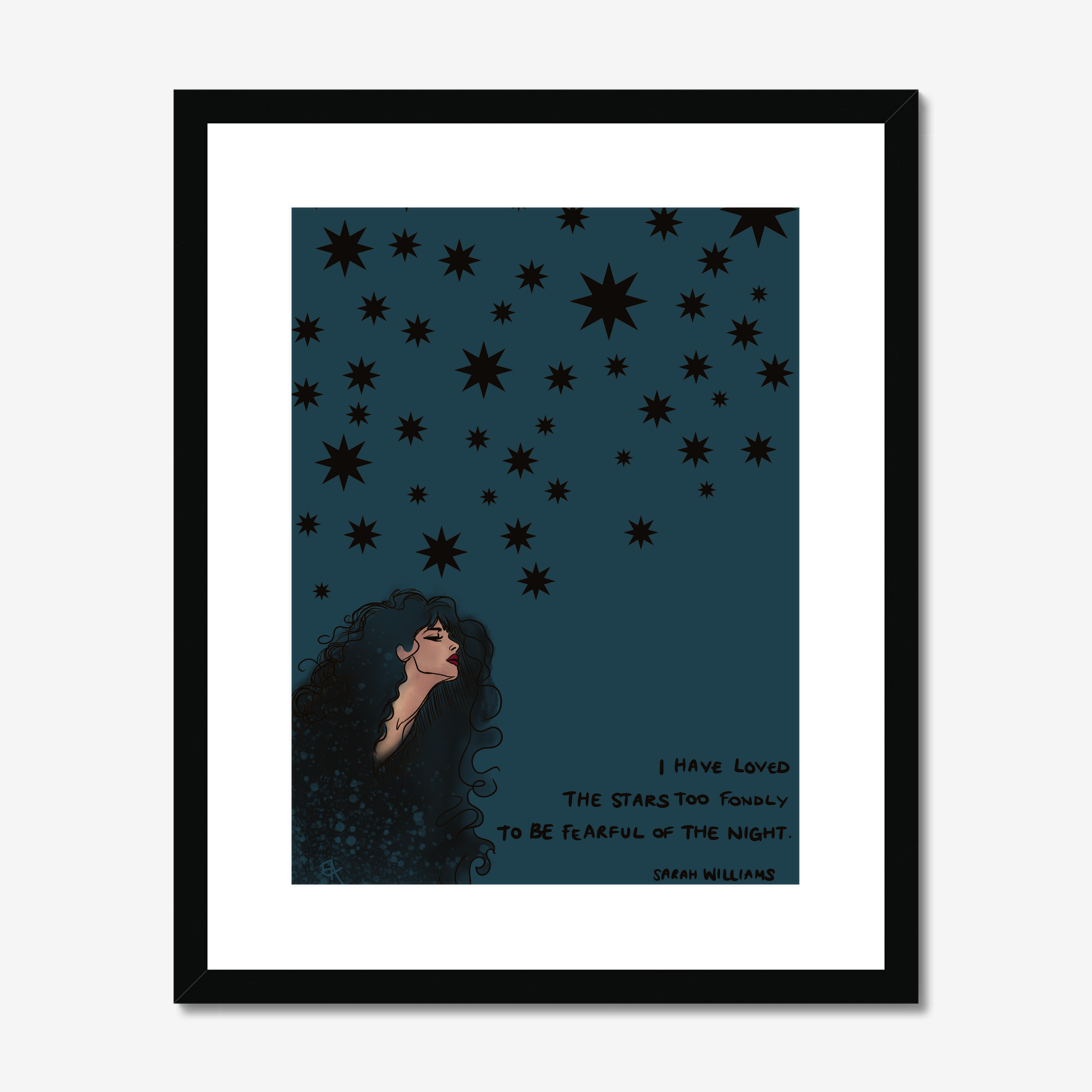 Framed artwork of a woman gazing at stars with a quote on a dark blue background.