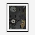 Framed artwork with a dark background featuring a skull, hand holding a flower, and other abstract elements.