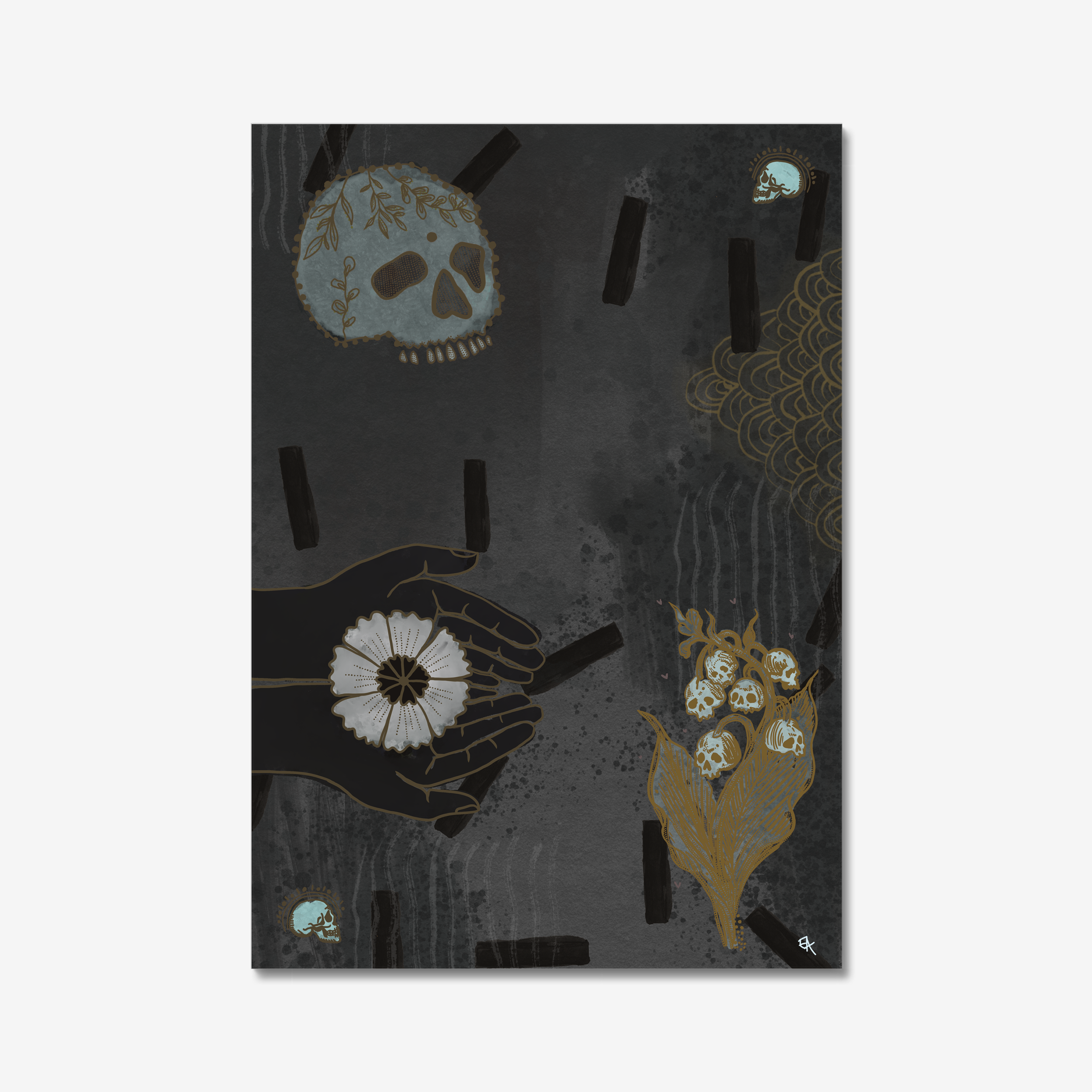 Artistic design with hands holding a flower, skull, and other elements on a dark background